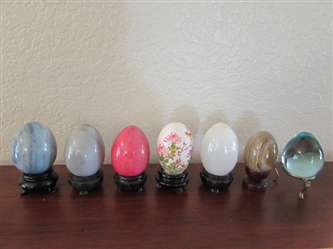 MARBLE, GLASS, & PAINTED EGGS W/STANDS