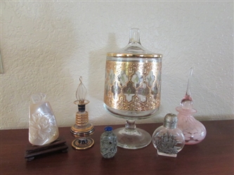 LIDDED GLASS JAR & PERFUME BOTTLES
