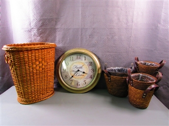 Wall Clock, Wicker Wastebasket, and Woven Planters