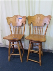 Pair Vintage Oak Swivel Bar Chairs