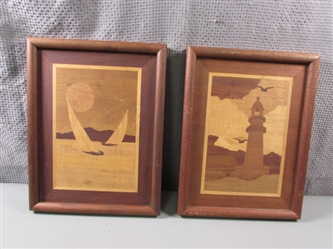 Vintage Marquetry Art Inlaid Wood Sea Designs- Both signed w/Date 1966