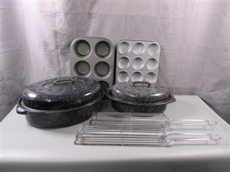 Pair of Enamel Roasters, Baking Pans, and Grill Baskets