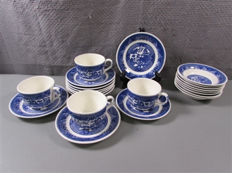 Blue Willow Ware by Royal China Underglaze 22 Piece Set & Teapot