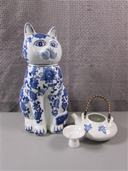Seymour Mann Blue China Cat Jar & Teapot