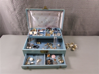 Jewelry Box With Vintage Fashion Jewelry, Pins, and Necklaces