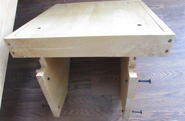 WOODEN WORK BENCH WITH FOOTREST, STOOL, TASK LIGHT & MORE