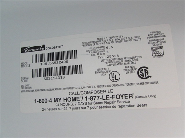 KENMORE SIDE-BY-SIDE REFRIGERATOR/FREEZER