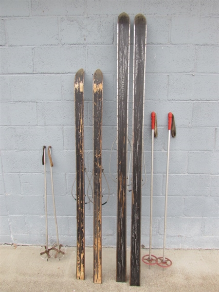 VINTAGE WOODEN SKIS & POLES