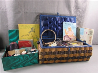 SEWING BASKET & TIN FULL OF THREAD, NOTIONS, ETC.