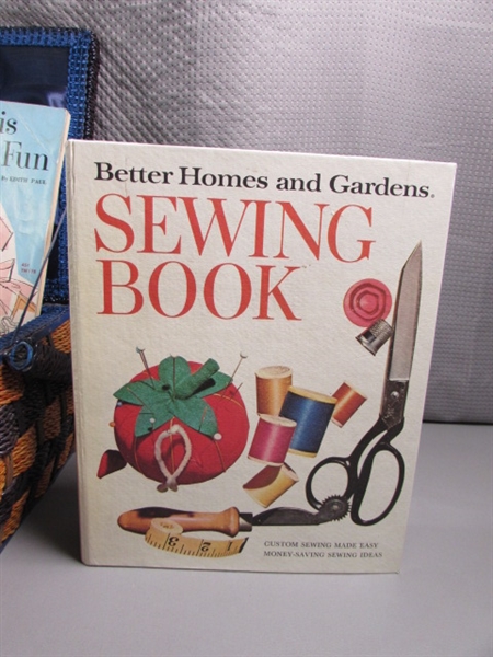SEWING BASKET & TIN FULL OF THREAD, NOTIONS, ETC.