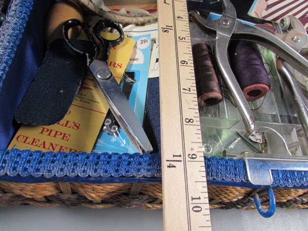 SEWING BASKET & TIN FULL OF THREAD, NOTIONS, ETC.