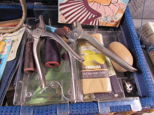 SEWING BASKET & TIN FULL OF THREAD, NOTIONS, ETC.