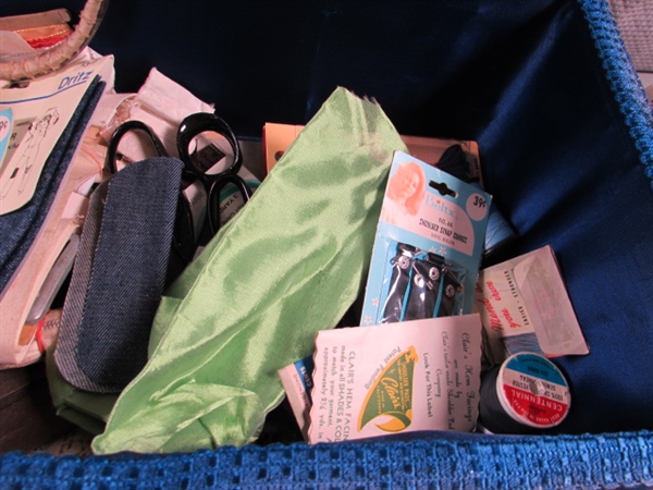 SEWING BASKET & TIN FULL OF THREAD, NOTIONS, ETC.