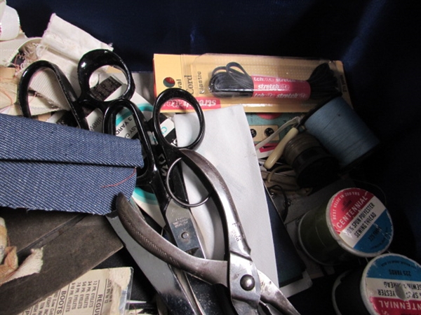 SEWING BASKET & TIN FULL OF THREAD, NOTIONS, ETC.
