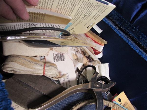 SEWING BASKET & TIN FULL OF THREAD, NOTIONS, ETC.