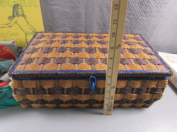 SEWING BASKET & TIN FULL OF THREAD, NOTIONS, ETC.