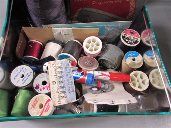 SEWING BASKET & TIN FULL OF THREAD, NOTIONS, ETC.