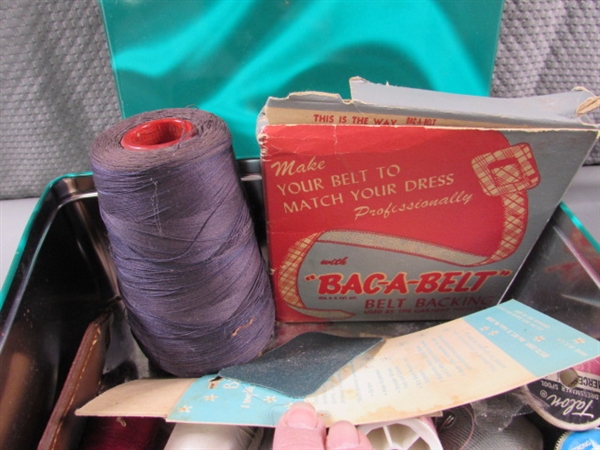 SEWING BASKET & TIN FULL OF THREAD, NOTIONS, ETC.