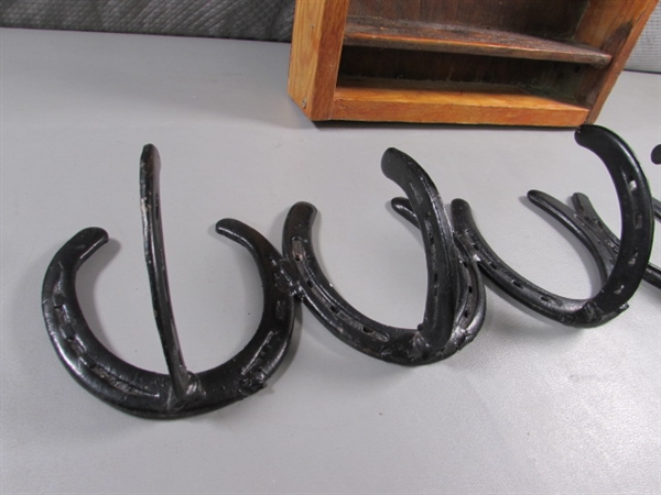 RUSTIC WOODEN SHELF & HORSESHOE COAT RACK