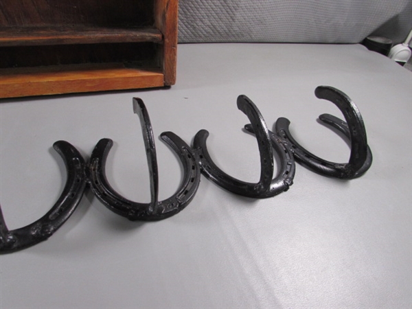 RUSTIC WOODEN SHELF & HORSESHOE COAT RACK