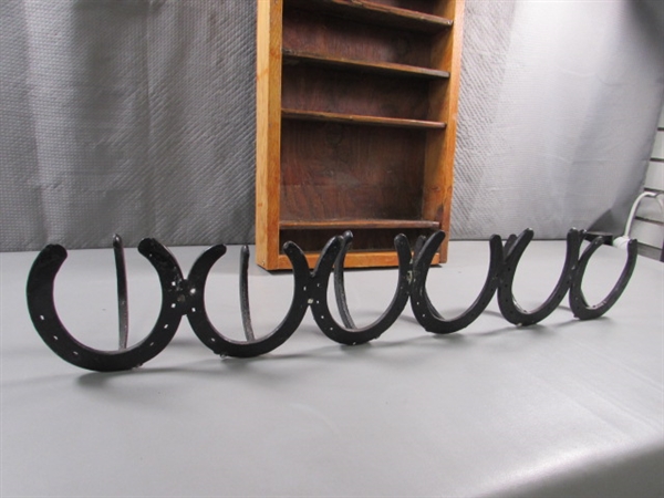 RUSTIC WOODEN SHELF & HORSESHOE COAT RACK