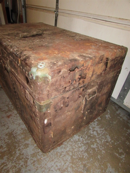 RUSTY, RUSTIC METAL OVER WOOD TRUNK