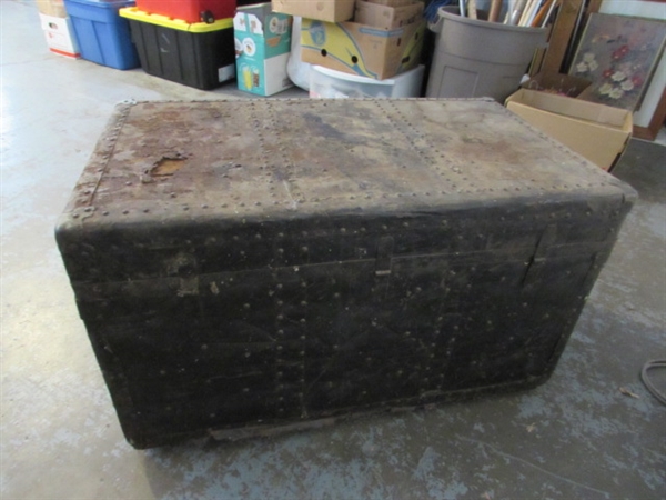 RUSTY, RUSTIC METAL OVER WOOD TRUNK