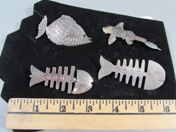 LOT OF 4 MEXICAN STERLING SILVER FISH PINS/BROOCHES