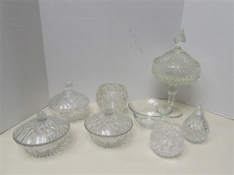 ASSORTED VINTAGE PRESSED GLASS LIDDED CANDY DISHES & CANDLE HOLDERS