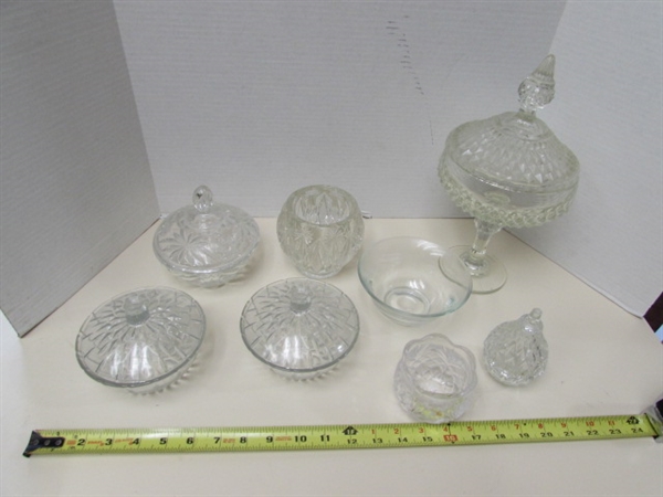 ASSORTED VINTAGE PRESSED GLASS LIDDED CANDY DISHES & CANDLE HOLDERS