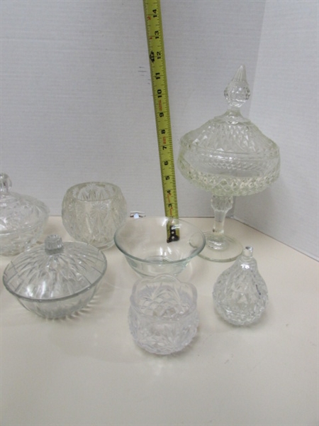 ASSORTED VINTAGE PRESSED GLASS LIDDED CANDY DISHES & CANDLE HOLDERS