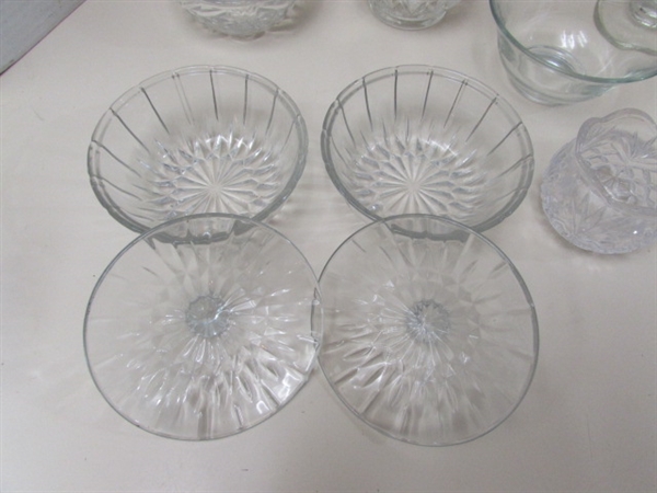 ASSORTED VINTAGE PRESSED GLASS LIDDED CANDY DISHES & CANDLE HOLDERS