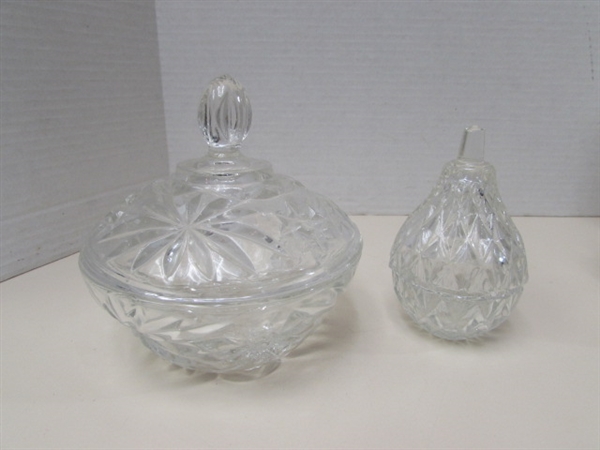 ASSORTED VINTAGE PRESSED GLASS LIDDED CANDY DISHES & CANDLE HOLDERS