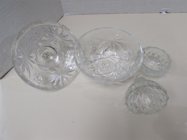 ASSORTED VINTAGE PRESSED GLASS LIDDED CANDY DISHES & CANDLE HOLDERS
