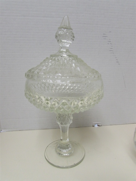 ASSORTED VINTAGE PRESSED GLASS LIDDED CANDY DISHES & CANDLE HOLDERS