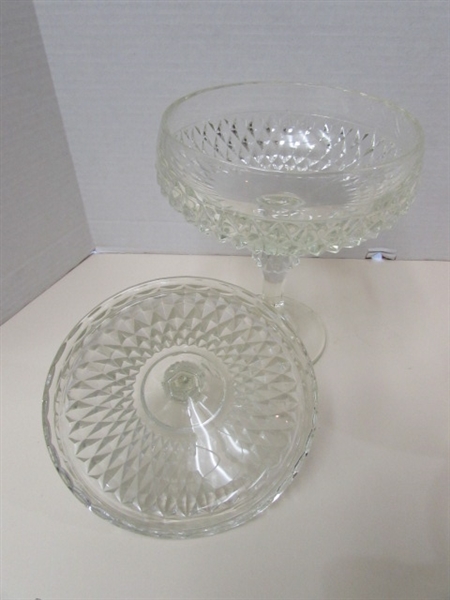 ASSORTED VINTAGE PRESSED GLASS LIDDED CANDY DISHES & CANDLE HOLDERS