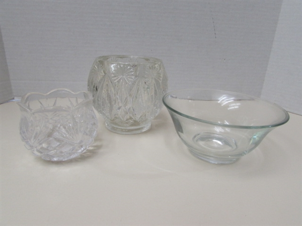 ASSORTED VINTAGE PRESSED GLASS LIDDED CANDY DISHES & CANDLE HOLDERS