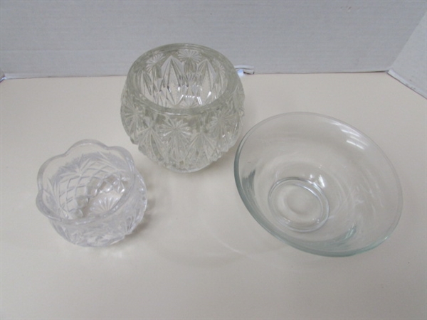 ASSORTED VINTAGE PRESSED GLASS LIDDED CANDY DISHES & CANDLE HOLDERS