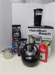 COFFEE MAKER (NEW), COFFEE, GRINDER, TEA KETTLE & MORE