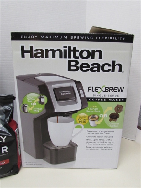 COFFEE MAKER (NEW), COFFEE, GRINDER, TEA KETTLE & MORE
