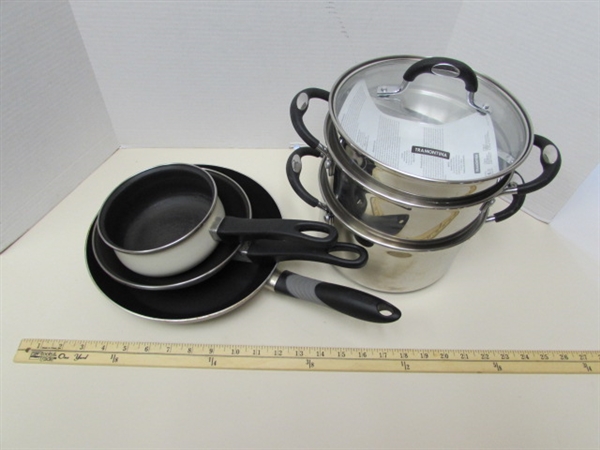 NEW TRAMONTINA DOUBLE BOILER/STEAMER & ASSORTED COOKWARE
