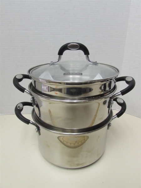 NEW TRAMONTINA DOUBLE BOILER/STEAMER & ASSORTED COOKWARE