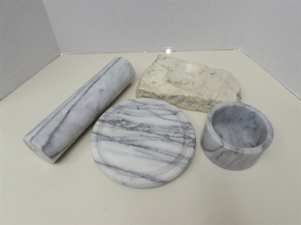 MARBLE ROLLING PIN, BOWL, ASHTRAY & PLATE (NO DOME)
