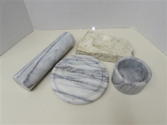 MARBLE ROLLING PIN, BOWL, ASHTRAY & PLATE (NO DOME)