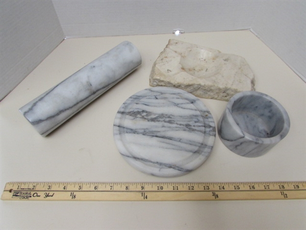 MARBLE ROLLING PIN, BOWL, ASHTRAY & PLATE (NO DOME)