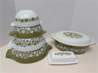 PYREX "CRAZY DAISY/SPRING BLOSSOM" 4-PIECE CINDERELLA NESTING BOWLS, COVERED CASSEROLE & BUTTER DISH