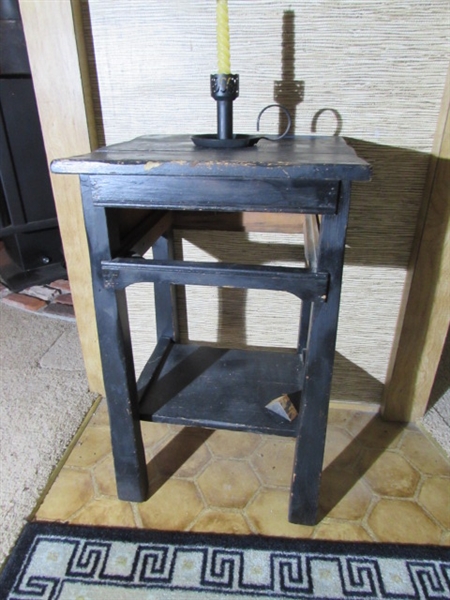 VINTAGE WOOD ACCENT TABLE, CANDLE HOLDER & THROW RUG