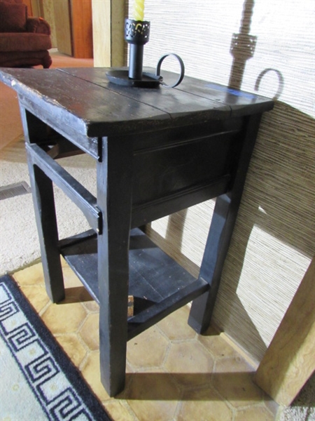 VINTAGE WOOD ACCENT TABLE, CANDLE HOLDER & THROW RUG