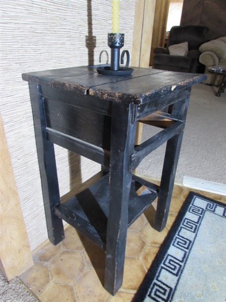 VINTAGE WOOD ACCENT TABLE, CANDLE HOLDER & THROW RUG