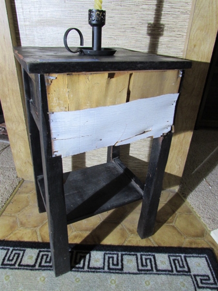 VINTAGE WOOD ACCENT TABLE, CANDLE HOLDER & THROW RUG